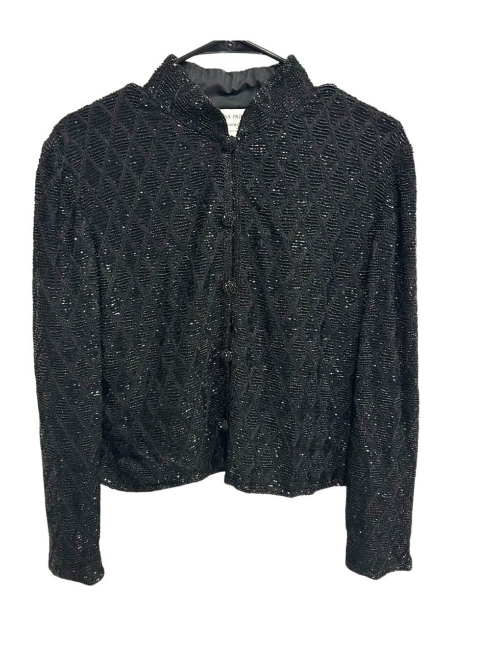 Adrianna Papell Large Black Beaded Silk Evening Jacket Gothic Noir Old Money